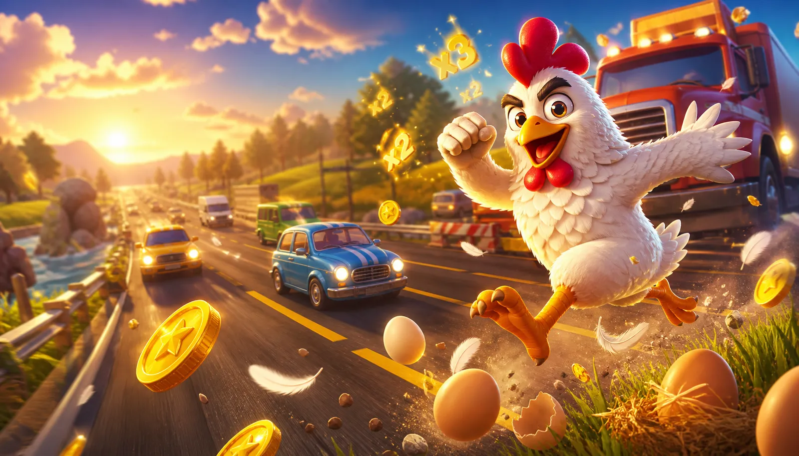 High-resolution HERO banner for Chicken Road game featuring a 3D game mascot chicken confidently crossing a multi-lane road f